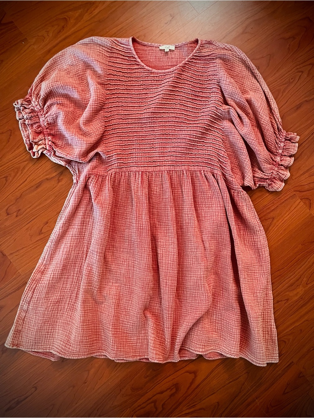 Easel Crinkle Gauze Dress Oversized Boho Midi Balloon Slv Clay Coastal Cottage L - Picture 11 of 13